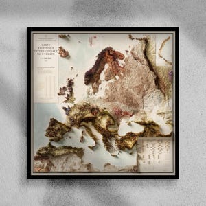 Impression de la carte de l'Europe | Poster topographique 2D sur papier photo premium | Look optique de terrain 3D | Avec ou sans cadre | Art mural voyage