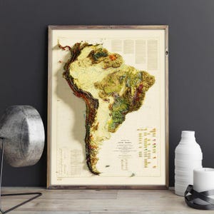 Carte de l'Amérique du Sud | Poster topographique 2D sur papier photo | Effet de terrain visuel 3D | Avec ou sans cadre | Décoration murale explorateur