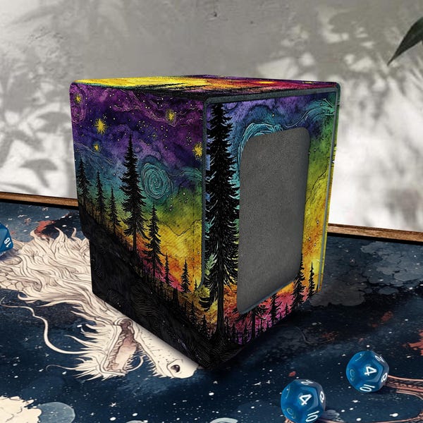 MTG Deck Box with Commander Display, Leather, 100+ Sleeved Card Storage, Magic Forest Style