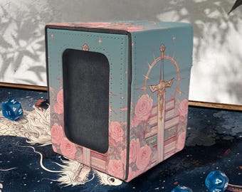 MTG Deck Box with Commander Display, Sword and Rose, 100+ Sleeved Card Storage, Leather