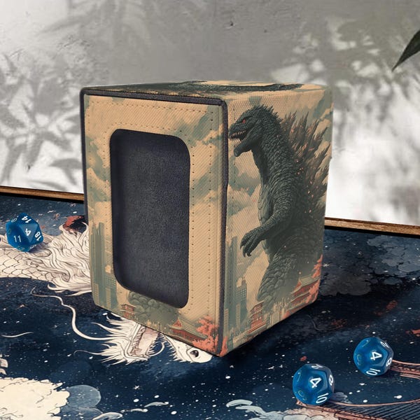 MTG Deck Box with Commander Display, Retro Godzilla Inspiration, Leather, 100+ Sleeved Card Storage,