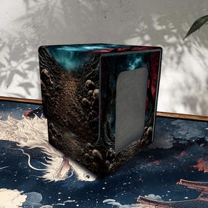 May include: A rectangular deck box featuring a dark, atmospheric graphic print of a forest path scattered with skulls, set against a deep blue and red sky. The box has a solid gray front panel and a smooth, structured exterior finish.