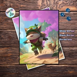 Puede incluir: Una impresión vibrante que presenta un personaje de dibujos animados con un atuendo verde, corriendo por un paisaje colorido. La impresión tiene un borde blanco y el texto "White Border, Black Border, Borderless". También es visible una pegatina con "MATTE & FOIL".
