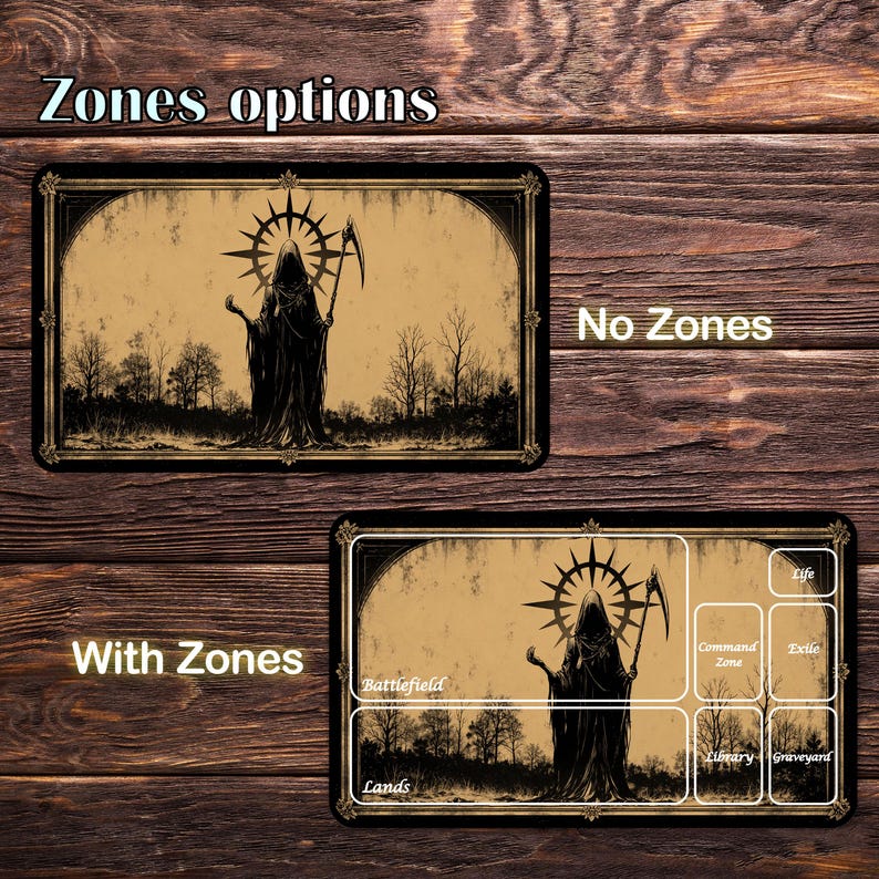 May include: A rectangular playmat featuring a dark, hooded figure holding a scythe against a sepia-toned landscape. The design includes two options: one labeled No Zones and another labeled With Zones, which displays white outlines for Battlefield, Lands, Command Zone, Exile, Library, and Graveyard.