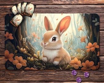 Tapete de juego para MTG - Conejo del bosque, 61 x 35,5 cm / 79 x 39,4 cm, con opciones de zonas y costuras.