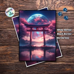 May include: A fantasy art print featuring a Japanese torii gate reflected in water, under a glowing moon and pink clouds. The print is available with white, black, or no borders. A holographic sticker reads "Matte & Foil".