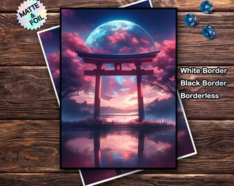 May include: A fantasy art print depicting a Japanese torii gate reflected in water, beneath a glowing moon and pink clouds. The print is available with white, black, or no borders. A holographic sticker reads "Matte & Foil".