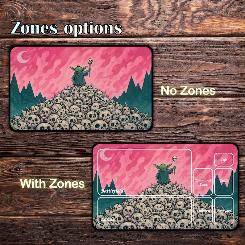 May include: Two rectangular playmats with a fantasy theme. One mat features a green character atop a pile of skulls against a pink sky. The other mat has the same image with labeled zones. Text reads "Zones options", "No Zones", and "With Zones".