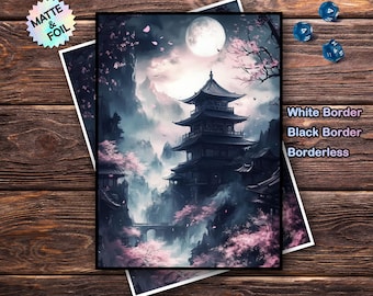 May include: A print featuring a Japanese pagoda scene with a full moon, cherry blossoms, and a bridge. The print is available with a white border, black border, or borderless. The words "Matte & Foil" are visible on the top left.