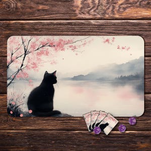 MTG Playmat with Zones, Board Game Mat for TCG, Cherry Blossom Cat-24&quot;x14&quot;, MTG Gift, Tabletop Accessories, Trading Card Games