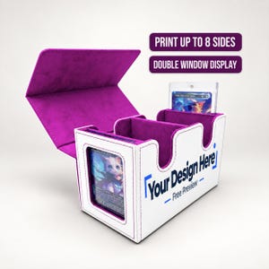 May include: A white and magenta card storage box with a hinged lid, featuring a double window display for trading cards. The exterior side is printed with the text Your Design Here Free Preview, while the top text reads Print Up To 8 Sides.