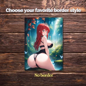 May include: An anime-style illustration of a woman with red hair in a black swimsuit, set in a fantasy forest scene. The image features the text "Choose your favorite border style" and "No border". The background includes trees, a stream, and a castle.