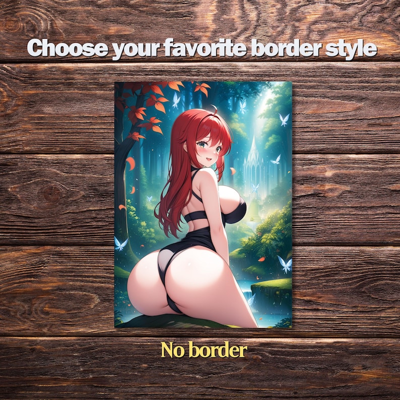 May include: An anime-style illustration of a woman with red hair in a black swimsuit, set in a fantasy forest scene. The image features the text "Choose your favorite border style" and "No border". The background includes trees, a stream, and a castle.