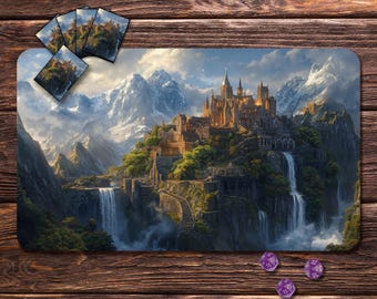 May include: A fantasy-themed playmat featuring a detailed illustration of a castle atop a mountain, with waterfalls and snowy peaks in the background. Includes several matching card images and three purple dice.