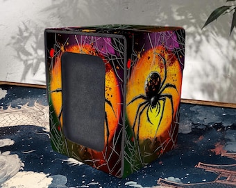MTG Deck Box with Commander Display, Leather, 100+ Sleeved Card Storage, Black Spider Style