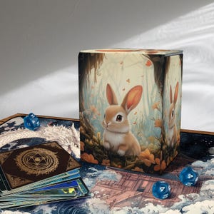 May include: A cube-shaped card holder featuring a charming illustration of a brown rabbit in a forest setting. The holder is surrounded by blue dice and a deck of cards with a dragon design. The overall theme is fantasy.