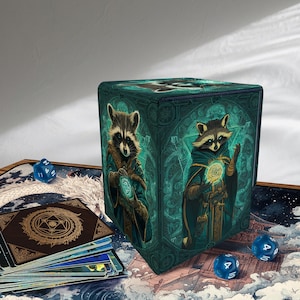 Mtg Deck Box, Holds 100+ Sleeved EDH Cards, Custom Leather Deck Boxes for TCG, EDH, Commander, Raccoon Mage Theme, Mtg Accessories