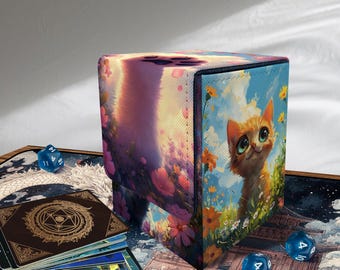Caja para mazos de MTG - Gato Kawaii, con funda para más de 100 cartas, cuero sintético y divisor extraíble