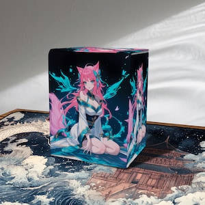 Riftbound kortlekslåda, Anime Fox Girl förvaringslåda med plats för 100+ kort i sleeve, PU-läder