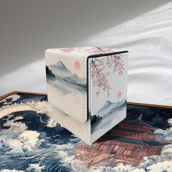 MTG Deck Box, Snow on Fuji Storage Box, 100 + Sleeved Cards, Gamer Gift