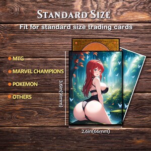 May include: Trading card sleeves with a colorful anime-style illustration of a woman in a forest setting. The sleeves are 2.6 inches (66mm) wide and 3.6 inches (91mm) tall, designed for standard-size trading cards. The text on the packaging indicates compatibility with MTG, Marvel Champions, Pokemon, and other card games.