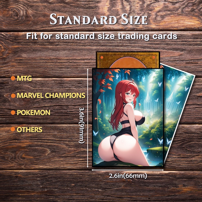 May include: Trading card sleeves with a colorful anime-style illustration of a woman in a forest setting. The sleeves are 2.6 inches (66mm) wide and 3.6 inches (91mm) tall, designed for standard-size trading cards. The text on the packaging indicates compatibility with MTG, Marvel Champions, Pokemon, and other card games.