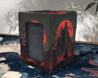 MTG Deck Box with Commander Display, Leather, 100+ Sleeved Card Storage, Vampire Castle Style