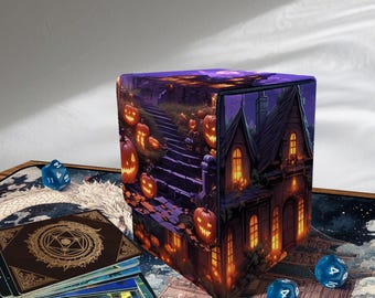 Mtg Deck Box - Halloween Manor, 100+ Sleeved Card Storage, PU Leather, Removable Divider