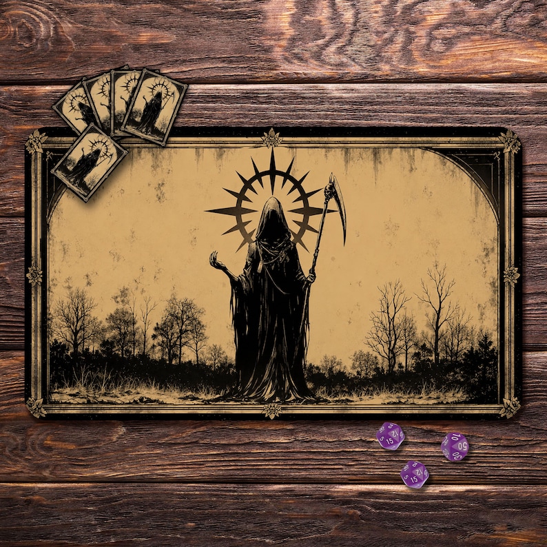 Gothic reaper MTG playmat featuring black and gold dark fantasy artwork, perfect for Magic The Gathering, TCG, EDH, Commander, and tabletop card game gameplay.