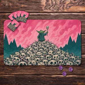 mtg playmat depicts a tiny goblin stands proudly atop a mountain of skulls, raising a skull-topped staff against a vivid pink sky.