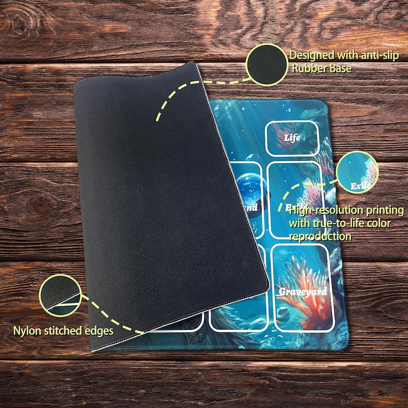 May include: A rectangular gaming mouse pad with a blue underwater scene design. Features include nylon stitched edges, a rubber base, and high-resolution printing. Text includes "Life", "Exile", and "Graveyard".