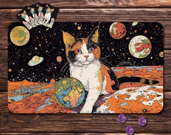 Tapete de juego MTG, tapete para juego de mesa TCG, Planet Cat - 24" x 14", juegos de cartas coleccionables