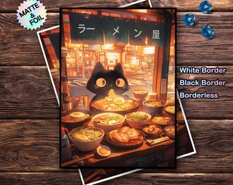 May include: A rectangular art print featuring a black cat eating ramen in a restaurant with Japanese text on hanging banners. The scene includes multiple bowls of noodles, broth, and meat on a counter. The print is displayed with options for matte and foil finishes, and white, black, or borderless edges.