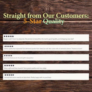 May include: A graphic display featuring the text Straight from Our Customers: 5-Star Quality, followed by five rows of five-star ratings and customer reviews. The text includes comments about playmat quality, delivery speed, and extra gifts.