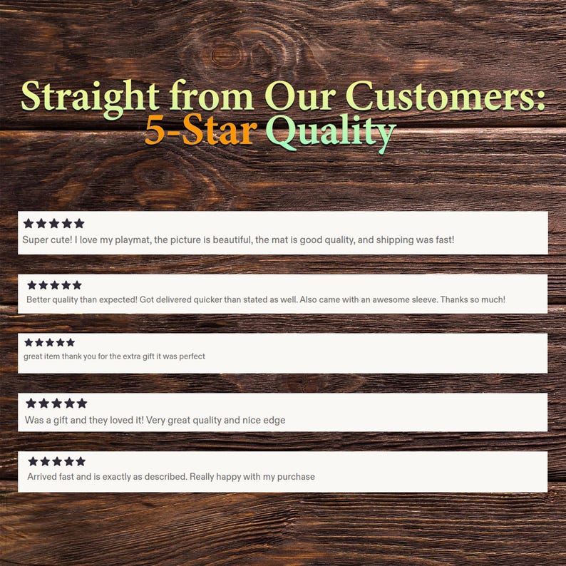May include: A graphic display featuring the text Straight from Our Customers: 5-Star Quality, followed by five rows of five-star ratings and customer reviews. The text includes comments about playmat quality, delivery speed, and extra gifts.