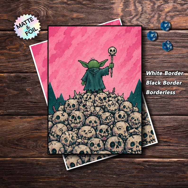 mtg card sleeves a tiny goblin stands proudly atop a mountain of skulls, raising a skull-topped staff against a vivid pink sky.