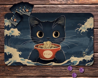 Playmat for MTG - Ramen Cat Theme, 24"x14" and  31"x15.5", Zones & Seam Options