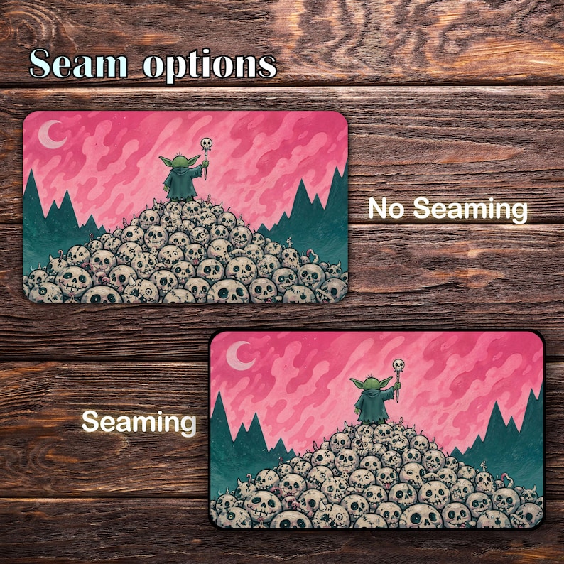 May include: Two rectangular mouse pads with rounded corners. The top pad is labeled "No Seaming" and the bottom pad is labeled "Seaming". Each pad features a cartoon character on a pile of skulls, with a pink sky and green mountains.