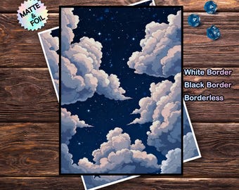 May include: A print featuring a night sky scene with fluffy white and gray clouds against a dark blue background. The print is available with a white border, black border, or borderless. The image also includes a holographic sticker that says "Matte & Foil".