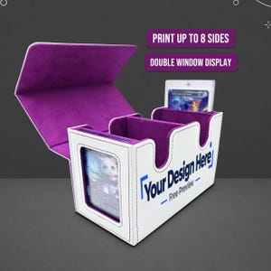 May include: A white and purple deck box for trading cards with a double window display. The exterior features the text "Your Design Here - Free Preview" and the interior is lined with purple fabric. Text above reads "PRINT UP TO 8 SIDES" and "DOUBLE WINDOW DISPLAY".