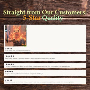 Puede incluir: La imagen muestra rese&ntilde;as de clientes con una calificaci&oacute;n de 5 estrellas. Las rese&ntilde;as mencionan fundas de calidad, excelente servicio al cliente y env&iacute;o r&aacute;pido. Una rese&ntilde;a menciona fundas para un juego de Dark Souls. La imagen incluye un conejo.