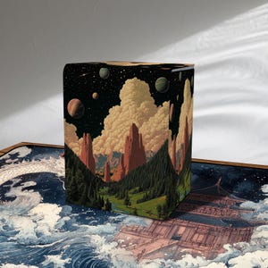 May include: A decorative box featuring a landscape design with red rock formations, green trees, and a starry night sky with planets. The box is rectangular and stands upright, showcasing a unique artistic style.