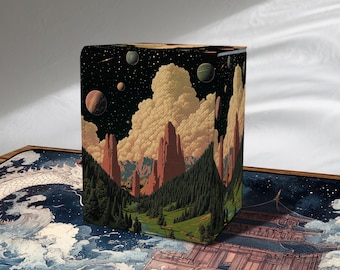 May include: A decorative box featuring a landscape design with red rock formations, green trees, and a starry night sky with planets. The box is rectangular and stands upright, showcasing a unique artistic style.