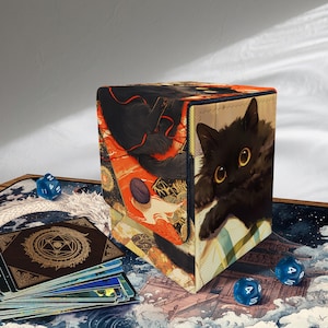 Mtg Deck Box - Magic Black Cat, Holds 100+ Sleeved EDH Cards, Custom Leather Deck Boxes for TCG, EDH, Commander, Mtg Accessories