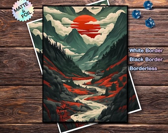 May include: Art print depicting a stylized landscape with a red sun, mountains, and a river. The print is available with white, black, or no border. The image includes the text "Matte & Foil".