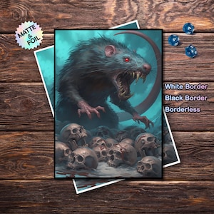 May include: A fantasy art print featuring a menacing rat with red eyes and sharp teeth, standing over a pile of skulls. The artwork has a teal and gray color scheme. The print is available with a white border, black border, or borderless.
