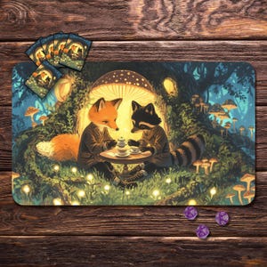 May include: A whimsical playmat featuring a fox and raccoon enjoying tea in a mushroom-filled forest scene. The illustration includes a table setting, glowing lights, and several dice. Additional matching card sleeves are visible.