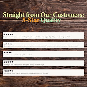 May include: A wooden background with the text "Straight from Our Customers: 5-Star Quality". Below are customer reviews with five-star ratings. The reviews mention the quality of a playmat, fast shipping, and extra gifts.