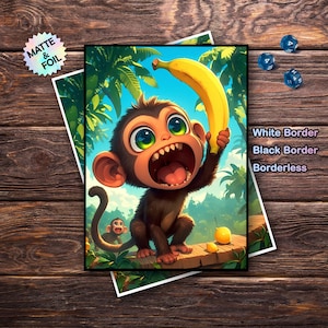 May include: A cartoon illustration of a monkey holding a large yellow banana, with a wide open mouth. The monkey has large green eyes and brown fur. The background features palm trees and a blue sky. The image is on a white background with the text "White Border, Black Border, Borderless".