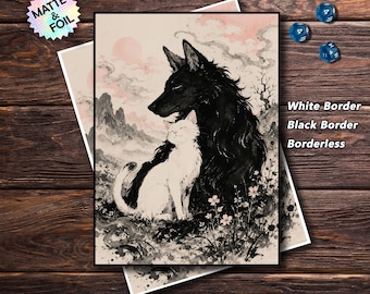 May include: A rectangular art print featuring a black wolf and a white cat sitting together in a landscape with mountains and flowers. The print includes text options: Matte & Foil, White Border, Black Border, and Borderless.